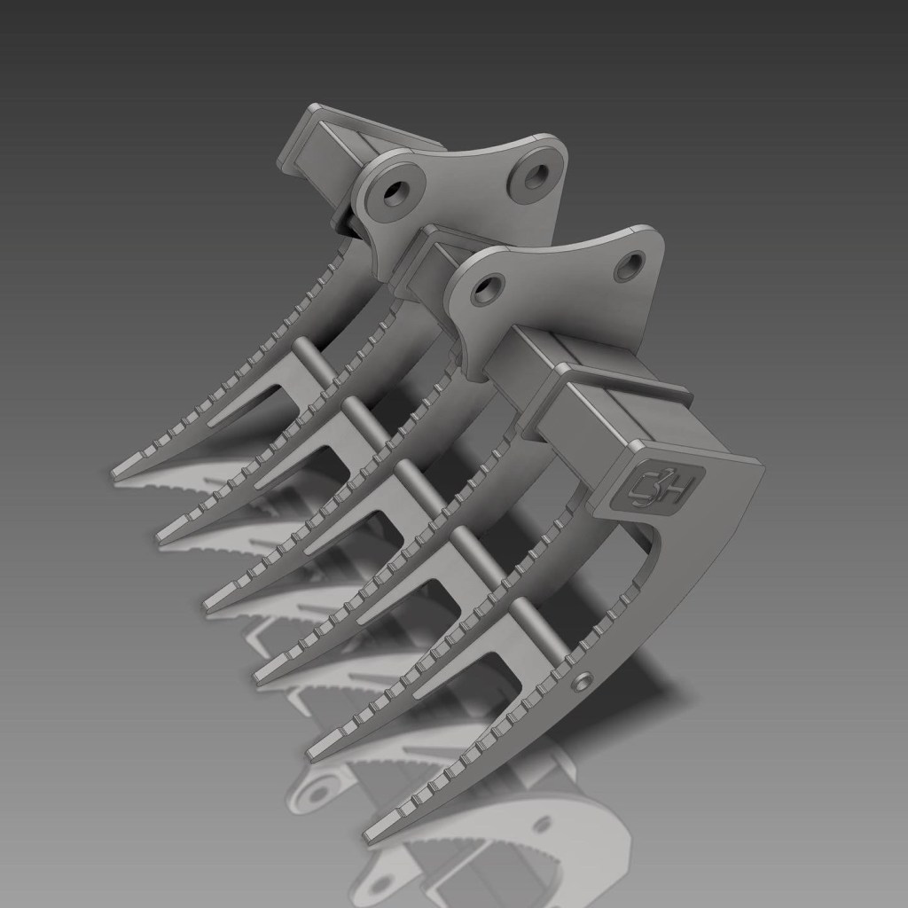 CAD model showing fabricated rake tines and mounting frame