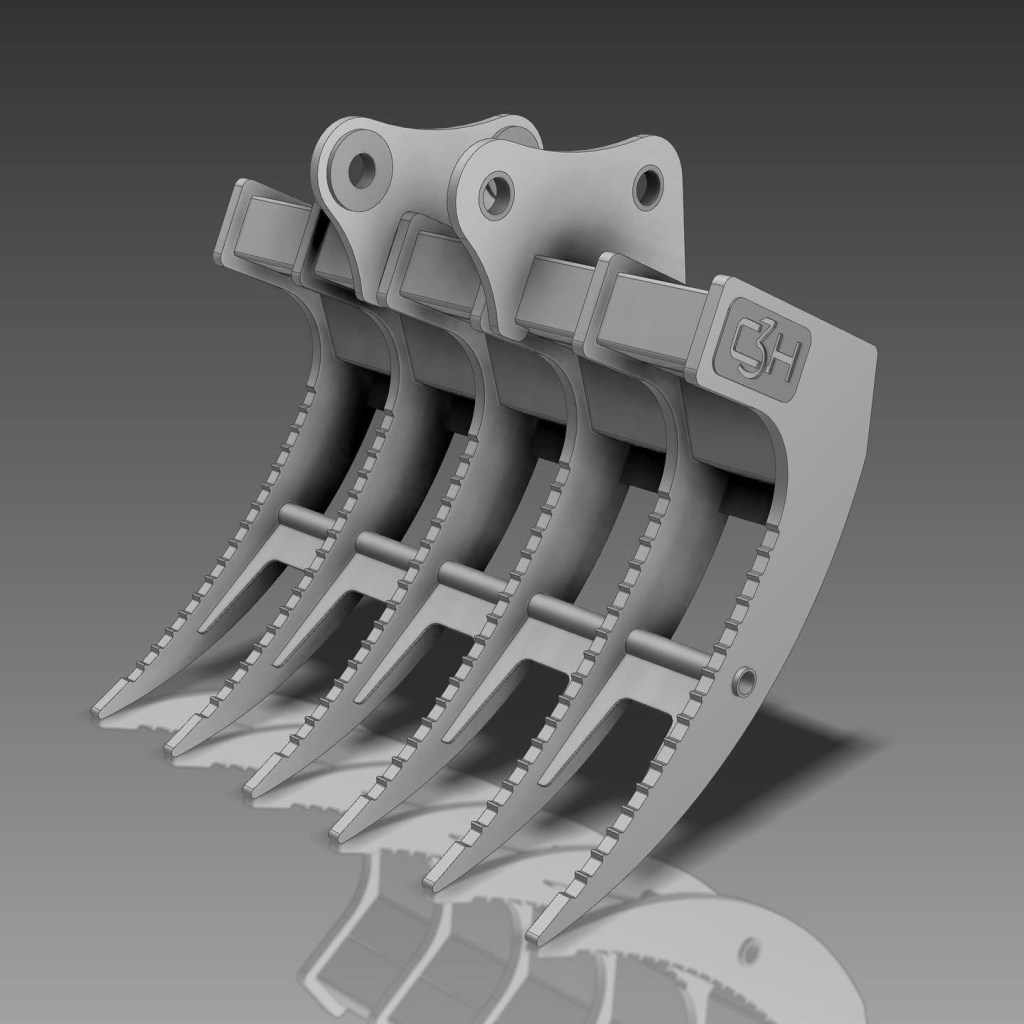 CAD rendering of custom excavator rake attachment