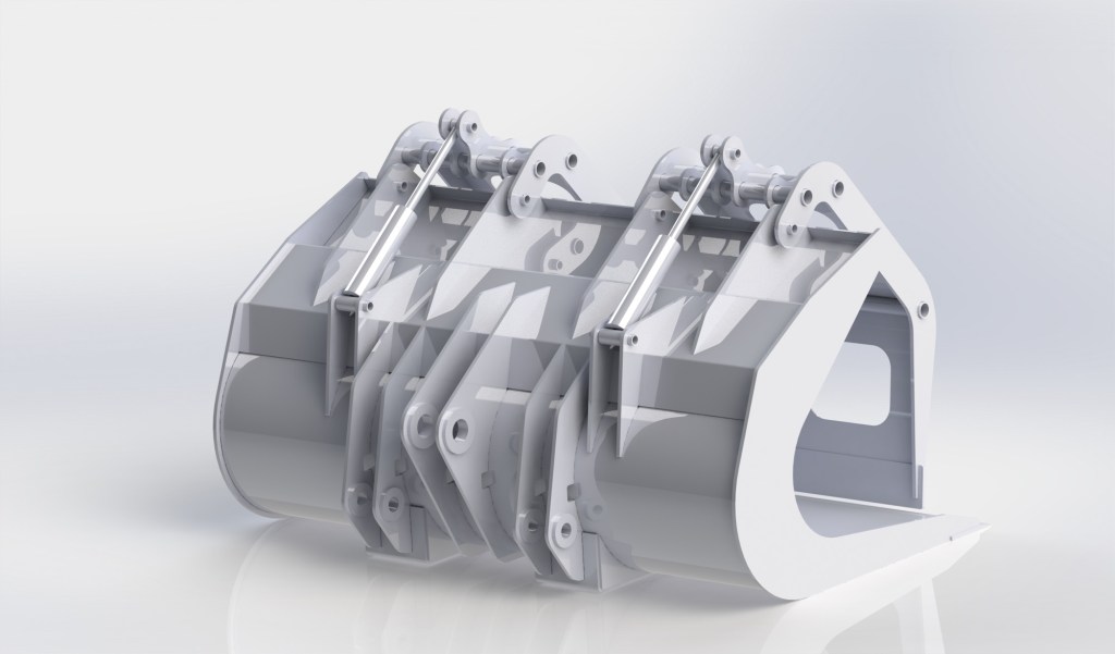 CAD rendering of a custom grapple bucket