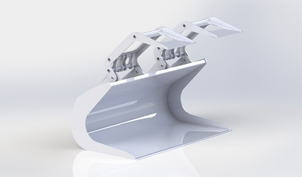 CAD rendering of custom bucket and grapple components