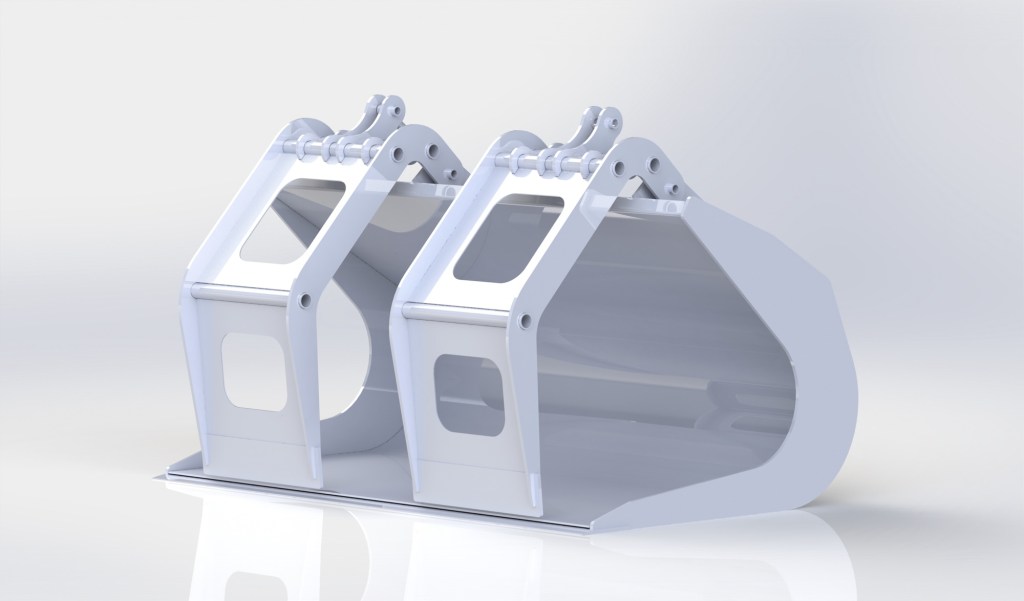 CAD rendering of bucket attachment and linkage