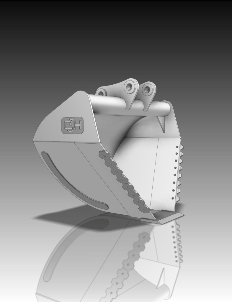 CAD rendering of a custom excavator bucket design